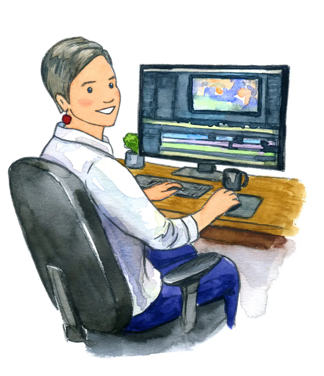 illustration of Ann Adelsberger at a computer editing video footage